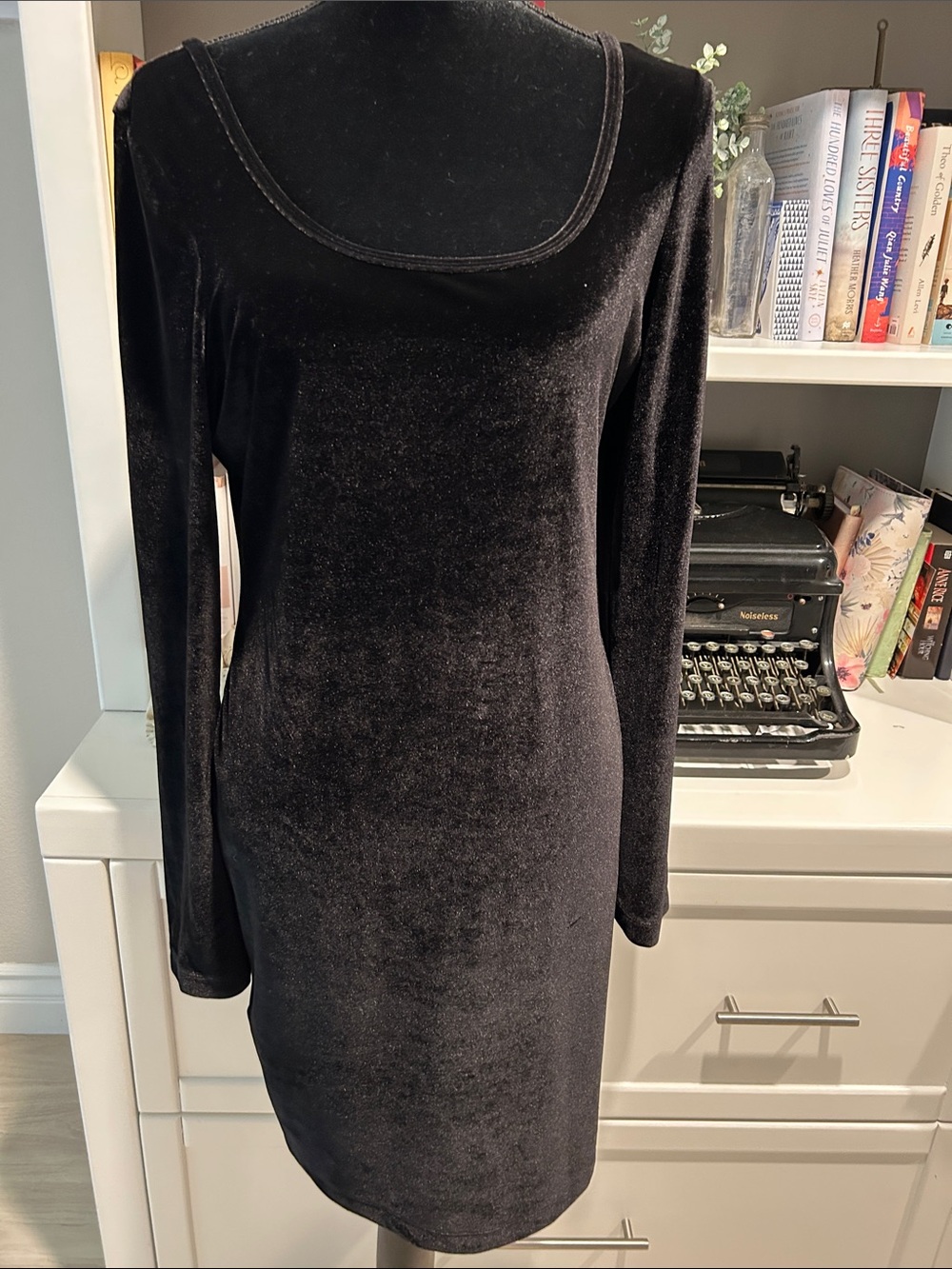 BCBG Black Velvet Long-Sleeve Scoop Neck Dress